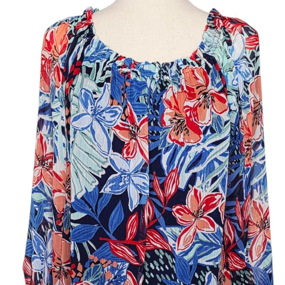 Jones New York Multi Color Floral Printed Smocked-Neck Blouse Size LP - Picture 6 of 10